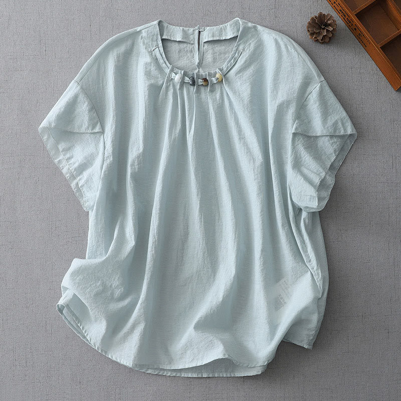 Chemise à manches courtes et col ras du cou pour femme, en coton, avec perles et Buddha Stones - Bleu clair - US12，UK/AU16，EU44 (2XL) - image 1
