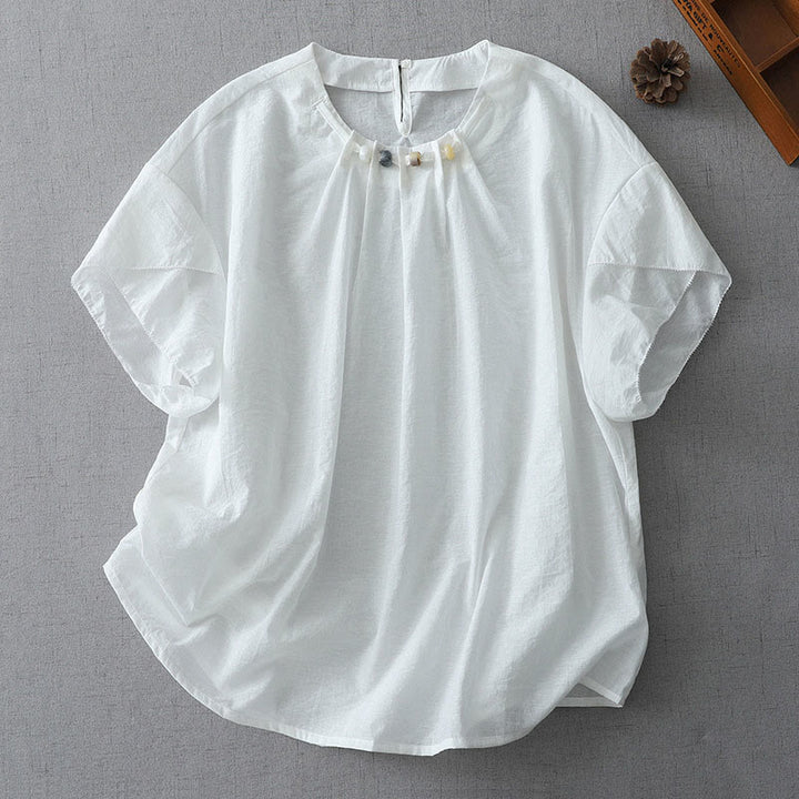 Chemise à manches courtes et col ras du cou pour femme, en coton, avec perles et Buddha Stones - Blanc - US12，UK/AU16，EU44 (2XL) - image 6