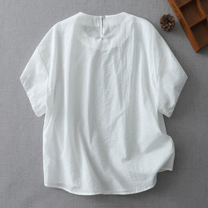 Chemise à manches courtes et col ras du cou pour femme, en coton, avec perles et Buddha Stones - image 7