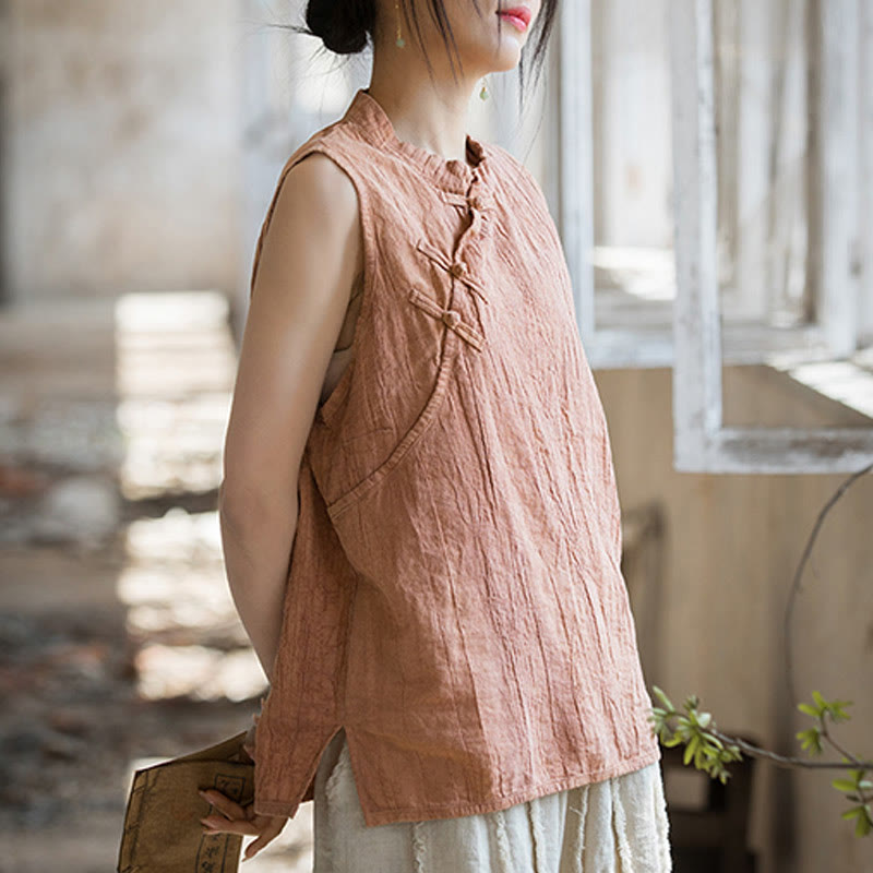 Gilet d'été sans manches en coton ramie à boutons grenouille et tie-dye Buddha Stones pour femme - image 2