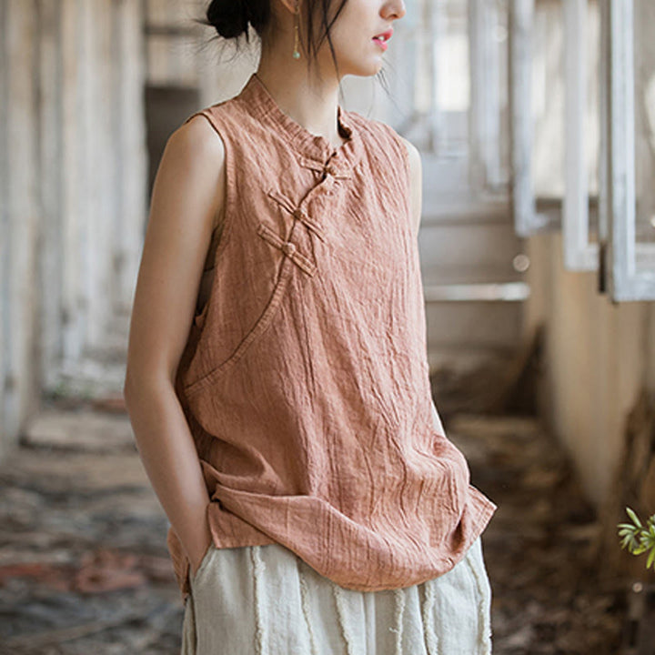 Gilet d'été sans manches en coton ramie à boutons grenouille et tie-dye Buddha Stones pour femme - image 8