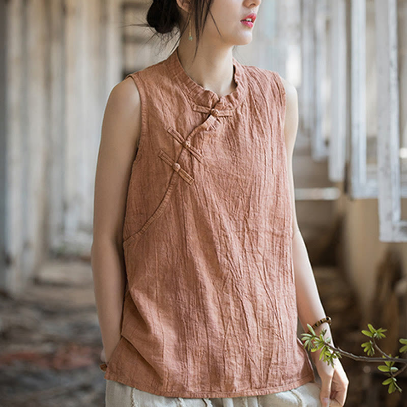 Gilet d'été sans manches en coton ramie à boutons grenouille et tie-dye Buddha Stones pour femme - image 6