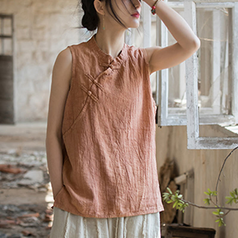 Gilet d'été sans manches en coton ramie à boutons grenouille et tie-dye Buddha Stones pour femme - image 9