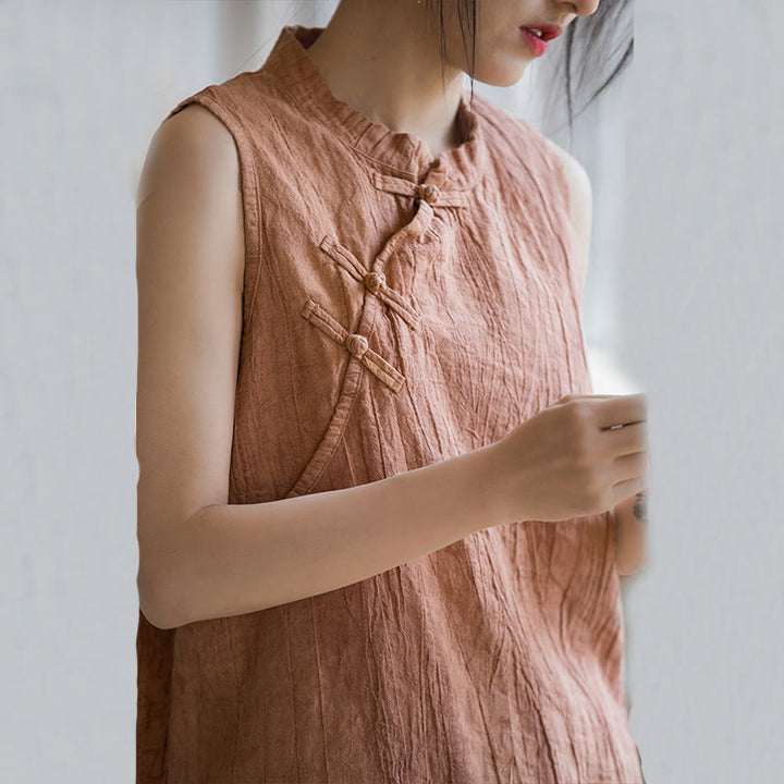 Gilet d'été sans manches en coton ramie à boutons grenouille et tie-dye Buddha Stones pour femme - image 5