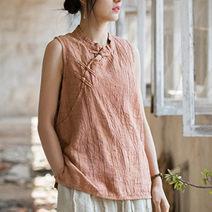 Gilet d'été sans manches en coton ramie à boutons grenouille et tie-dye Buddha Stones pour femme - image 7