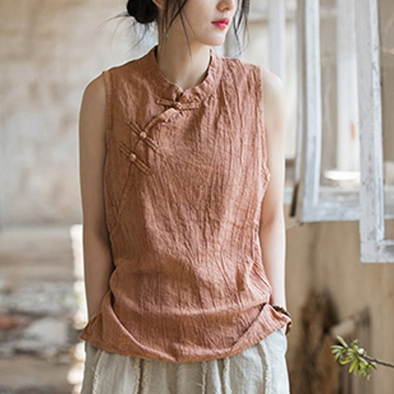 Gilet d'été sans manches en coton ramie à boutons grenouille et tie-dye Buddha Stones pour femme - image 11