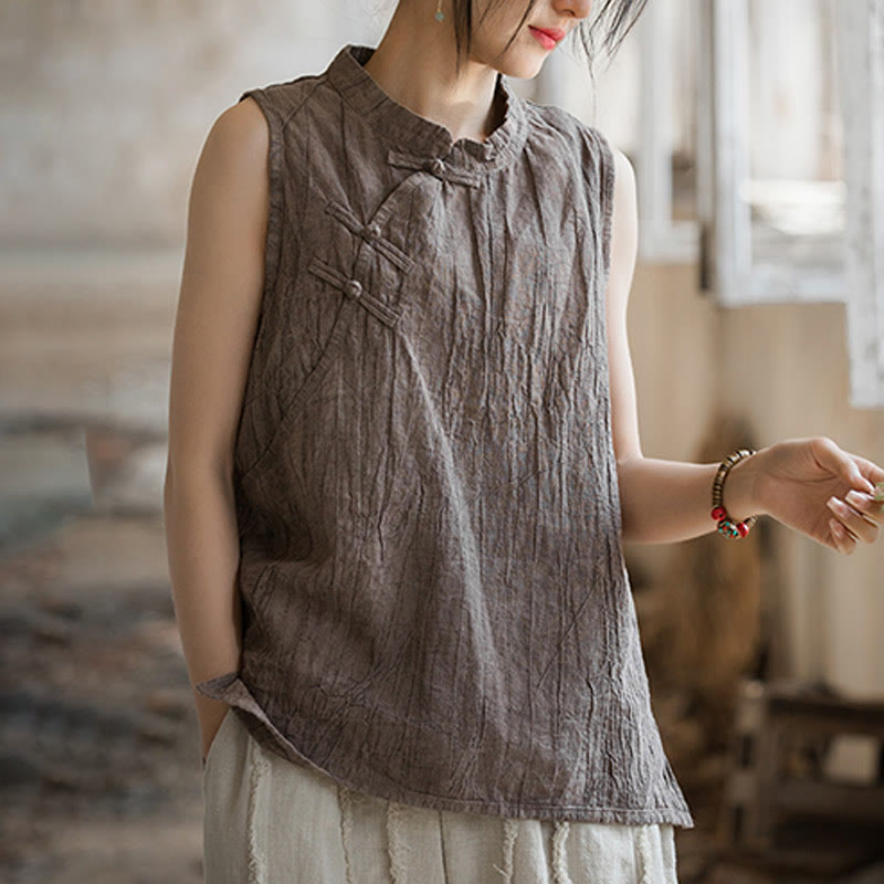 Gilet d'été sans manches en coton ramie à boutons grenouille et tie-dye Buddha Stones pour femme - image 14