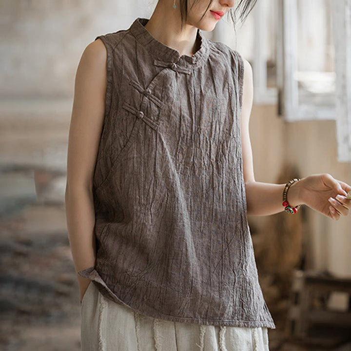 Gilet d'été sans manches en coton ramie à boutons grenouille et tie-dye Buddha Stones pour femme - image 14