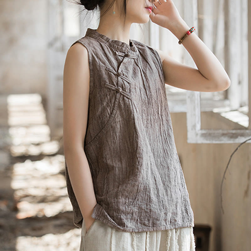 Gilet d'été sans manches en coton ramie à boutons grenouille et tie-dye Buddha Stones pour femme - image 18