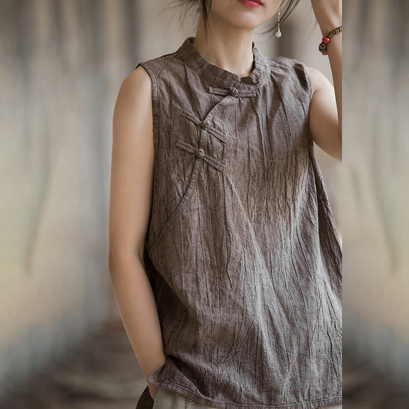 Gilet d'été sans manches en coton ramie à boutons grenouille et tie-dye Buddha Stones pour femme - image 17