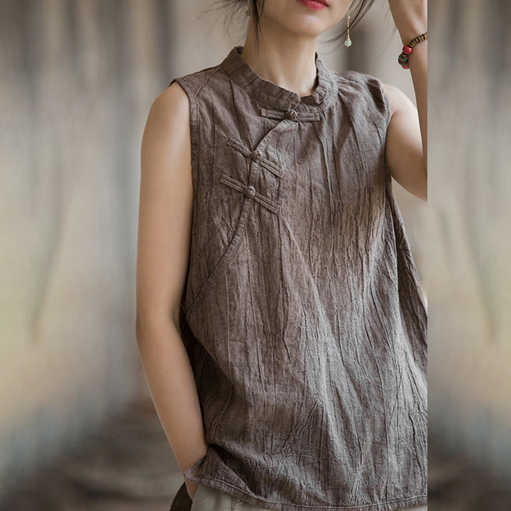 Gilet d'été sans manches en coton ramie à boutons grenouille et tie-dye Buddha Stones pour femme - image 17