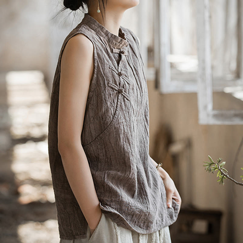 Gilet d'été sans manches en coton ramie à boutons grenouille et tie-dye Buddha Stones pour femme - image 15