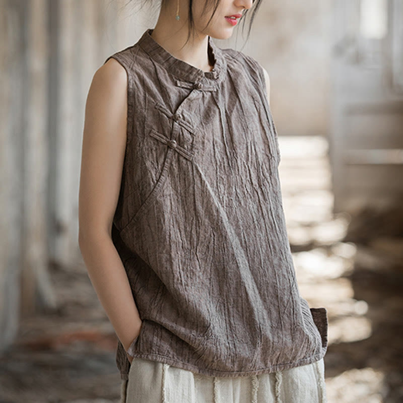 Gilet d'été sans manches en coton ramie à boutons grenouille et tie-dye Buddha Stones pour femme - image 16