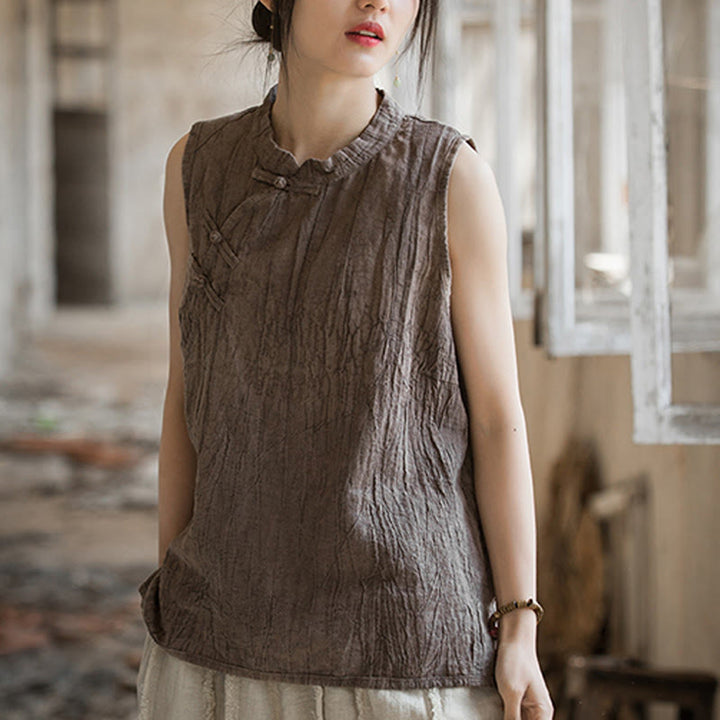 Gilet d'été sans manches en coton ramie à boutons grenouille et tie-dye Buddha Stones pour femme - image 19