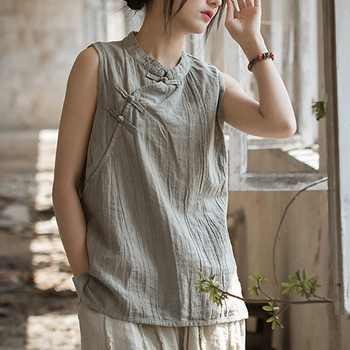 Gilet d'été sans manches en coton ramie à boutons grenouille et tie-dye Buddha Stones pour femme - image 22