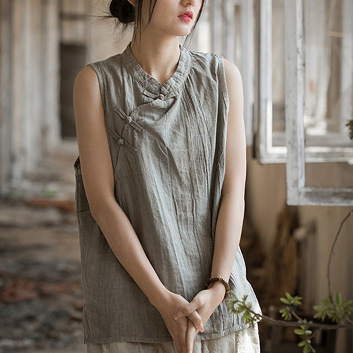 Gilet d'été sans manches en coton ramie à boutons grenouille et tie-dye Buddha Stones pour femme - image 21