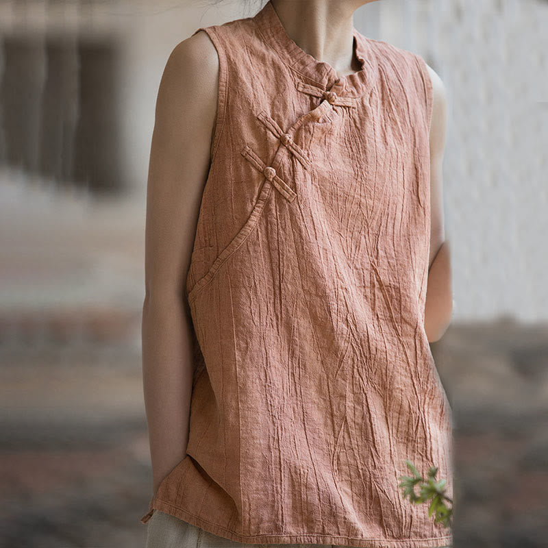 Gilet d'été sans manches en coton ramie à boutons grenouille et tie-dye Buddha Stones pour femme - image 10