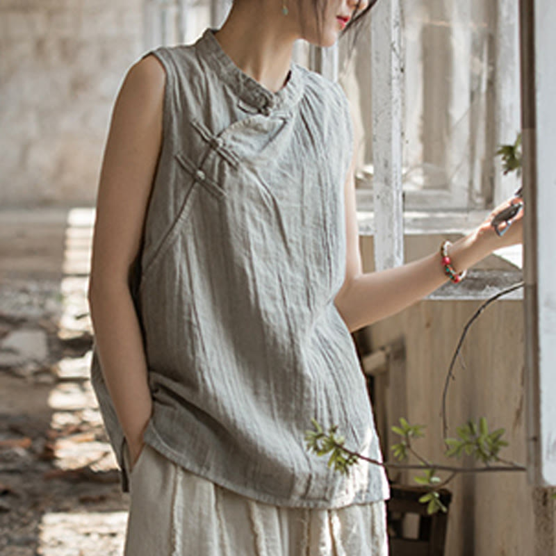 Gilet d'été sans manches en coton ramie à boutons grenouille et tie-dye Buddha Stones pour femme - image 24