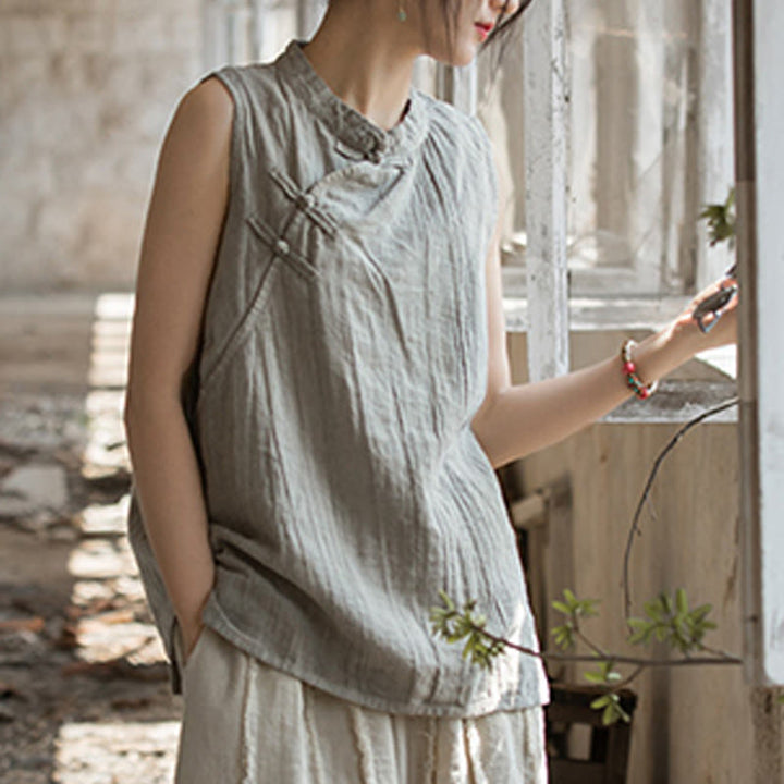 Gilet d'été sans manches en coton ramie à boutons grenouille et tie-dye Buddha Stones pour femme - image 24