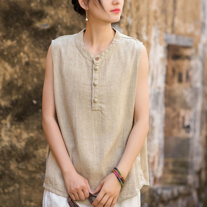 Gilet d'été sans manches en lin avec boutons tie-dye Buddha Stones pour femme - Beige - US4-6, UK/AU8-10, EU36-38 (F) - image 21