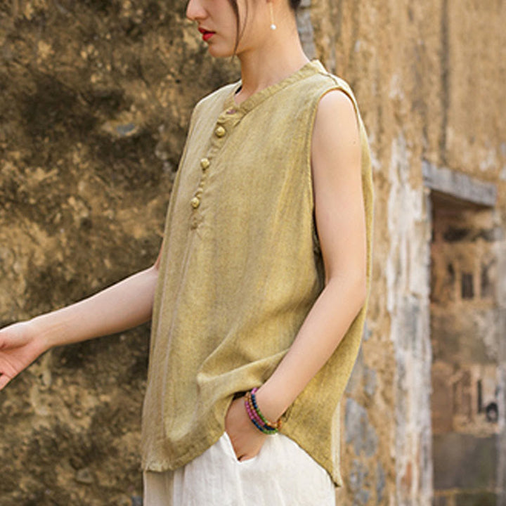 Gilet d'été sans manches en lin avec boutons tie-dye Buddha Stones pour femme - image 4