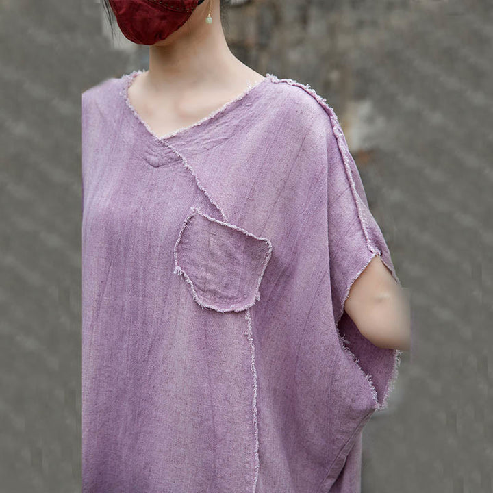 T-shirts d'été en lin tie-dye à col en V et manches courtes pour femme Buddha Stones - image 10