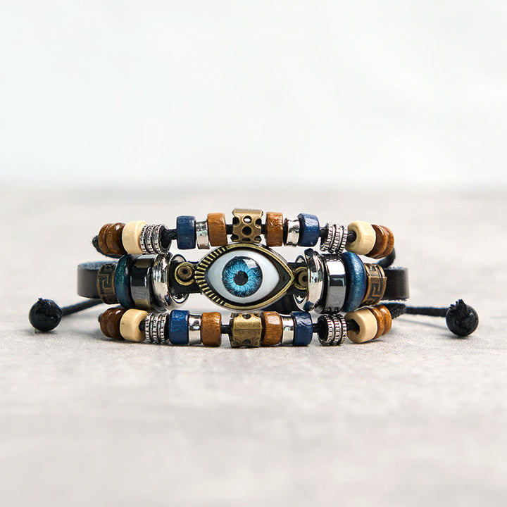 Bracelet de protection réglable en cuir tibétain contre le mauvais œil et les Buddha Stones