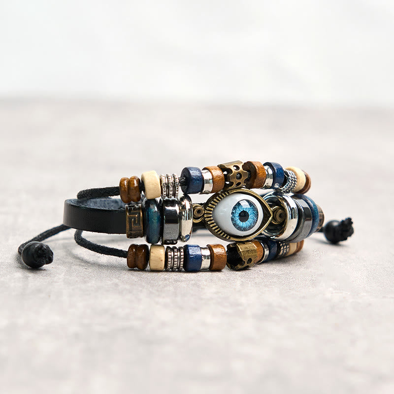 Bracelet de protection réglable en cuir tibétain contre le mauvais œil et les Buddha Stones