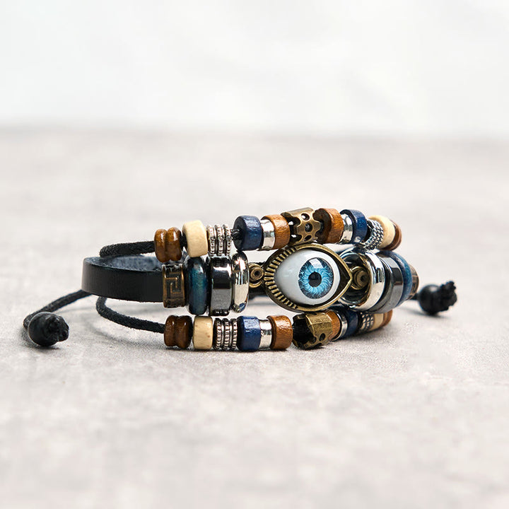 Bracelet de protection réglable en cuir tibétain contre le mauvais œil et les Buddha Stones