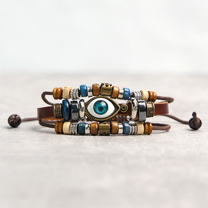 Bracelet de protection réglable en cuir tibétain contre le mauvais œil et les Buddha Stones