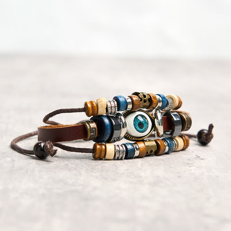 Bracelet de protection réglable en cuir tibétain contre le mauvais œil et les Buddha Stones