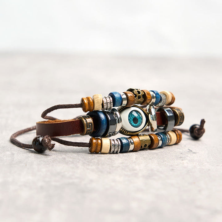 Bracelet de protection réglable en cuir tibétain contre le mauvais œil et les Buddha Stones
