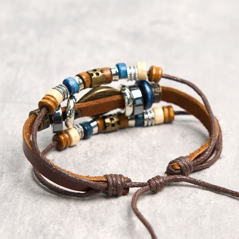 Bracelet de protection réglable en cuir tibétain contre le mauvais œil et les Buddha Stones