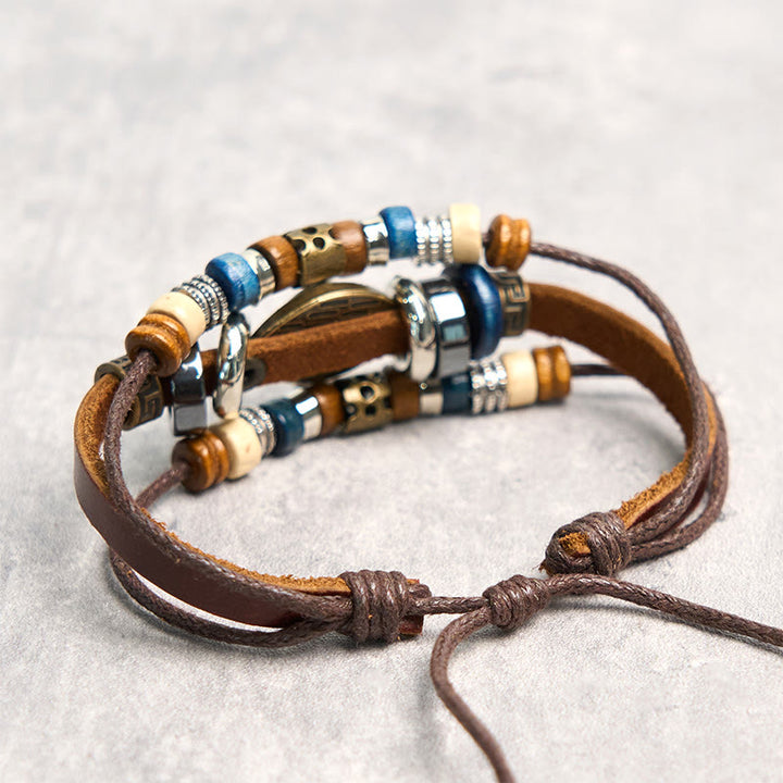 Bracelet de protection réglable en cuir tibétain contre le mauvais œil et les Buddha Stones