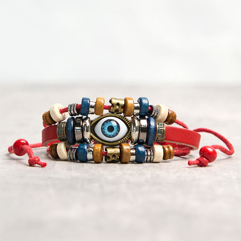 Bracelet de protection réglable en cuir tibétain contre le mauvais œil et les Buddha Stones