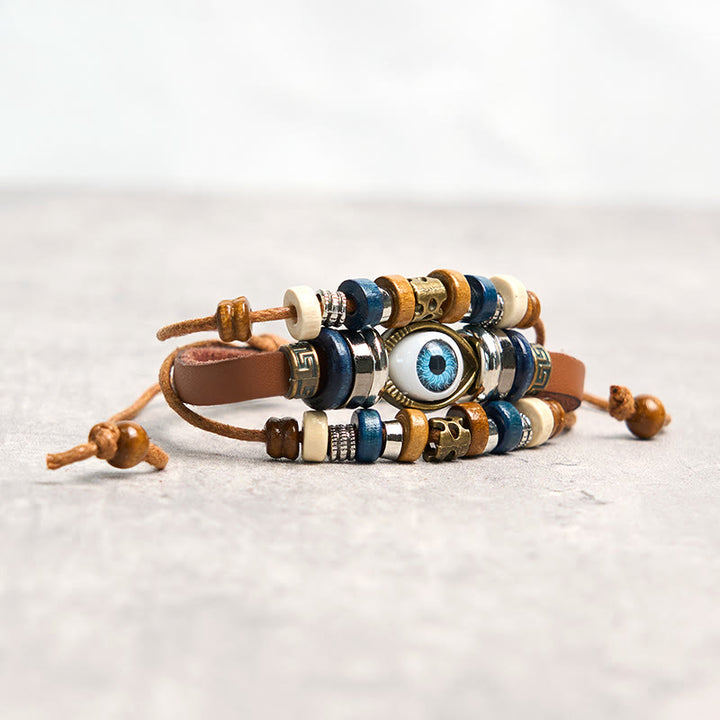Bracelet de protection réglable en cuir tibétain contre le mauvais œil et les Buddha Stones