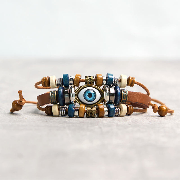 Bracelet de protection réglable en cuir tibétain contre le mauvais œil et les Buddha Stones