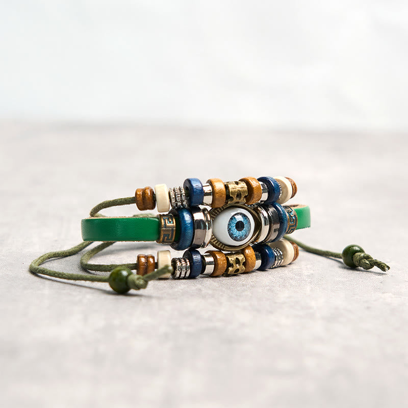 Bracelet de protection réglable en cuir tibétain contre le mauvais œil et les Buddha Stones