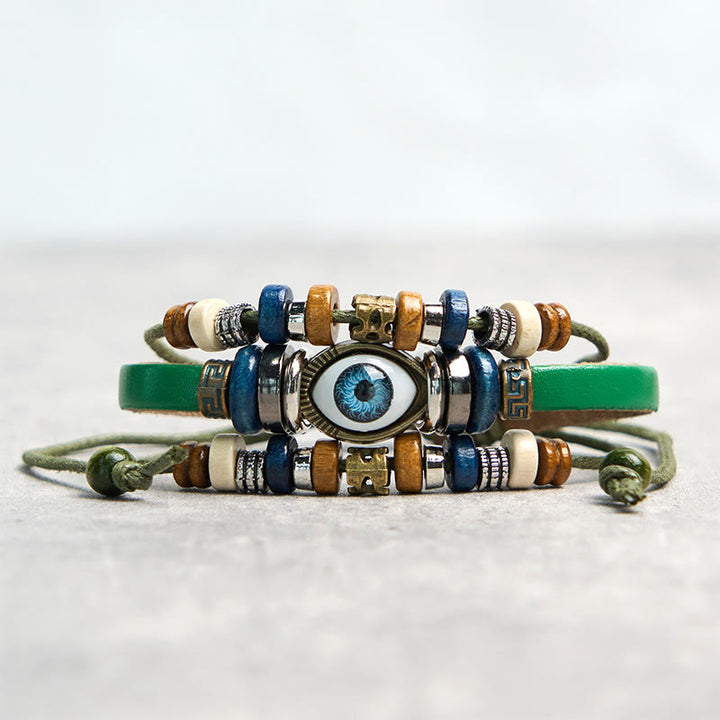 Bracelet de protection réglable en cuir tibétain contre le mauvais œil et les Buddha Stones
