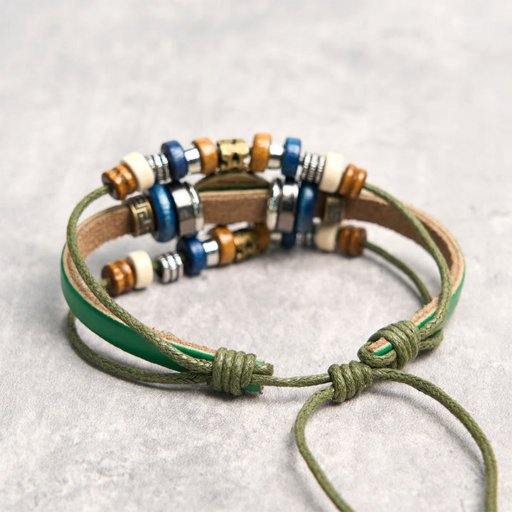 Bracelet de protection réglable en cuir tibétain contre le mauvais œil et les Buddha Stones