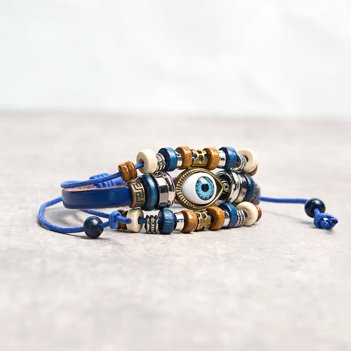 Bracelet de protection réglable en cuir tibétain contre le mauvais œil et les Buddha Stones