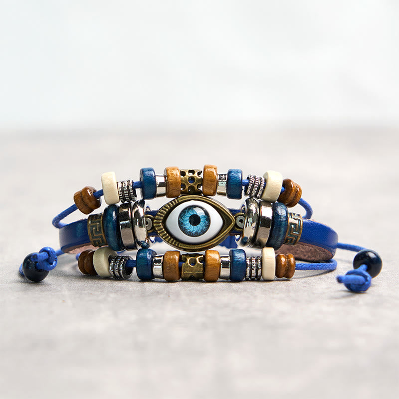 Bracelet de protection réglable en cuir tibétain contre le mauvais œil et les Buddha Stones