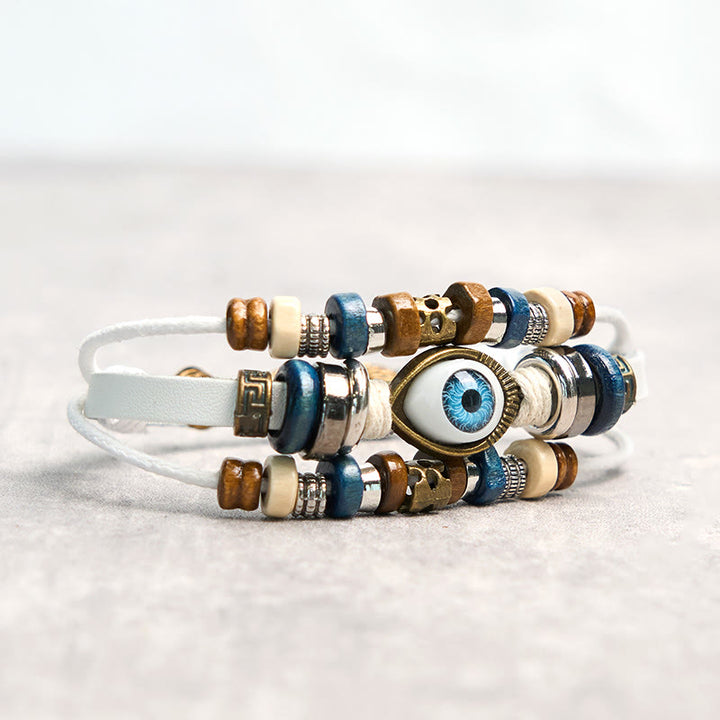 Bracelet de protection réglable en cuir tibétain contre le mauvais œil et les Buddha Stones