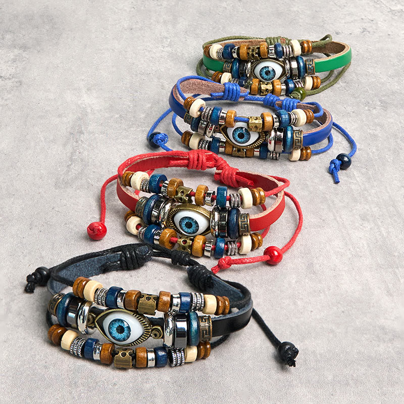 Bracelet de protection réglable en cuir tibétain contre le mauvais œil et les Buddha Stones