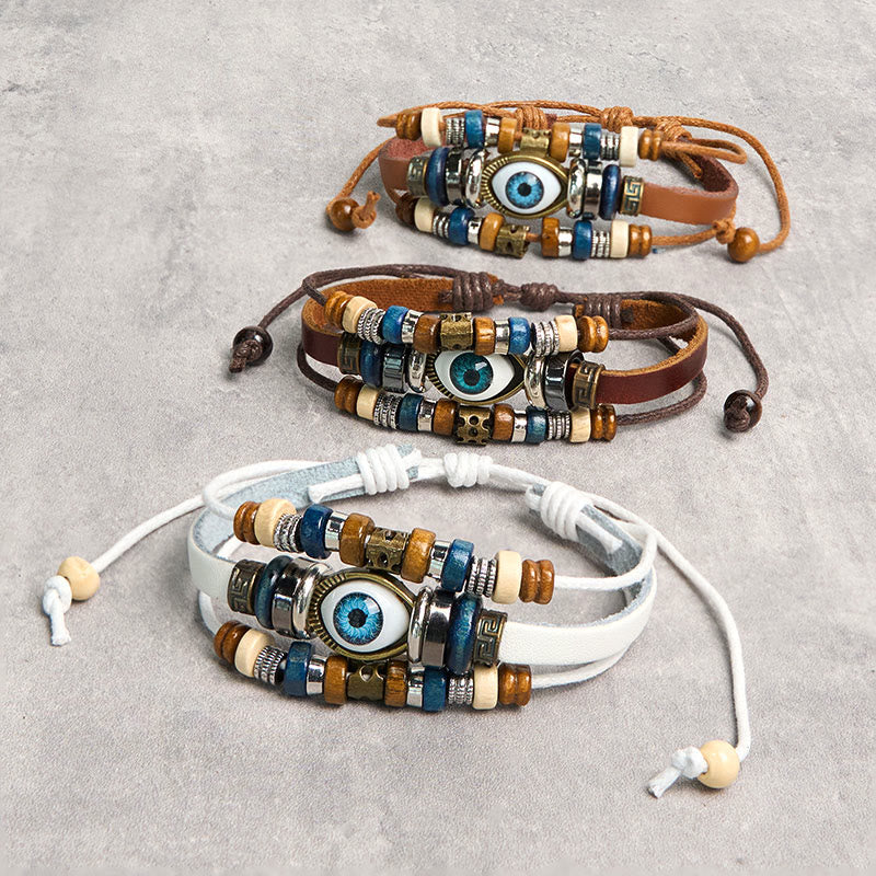 Bracelet de protection réglable en cuir tibétain contre le mauvais œil et les Buddha Stones