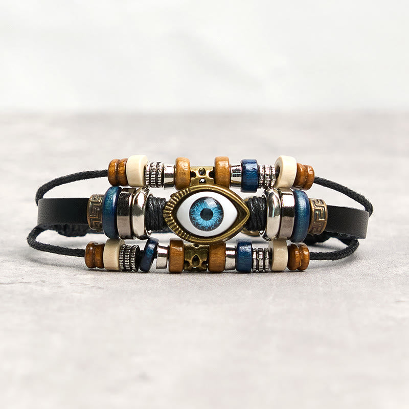 Bracelet de protection réglable en cuir tibétain contre le mauvais œil et les Buddha Stones