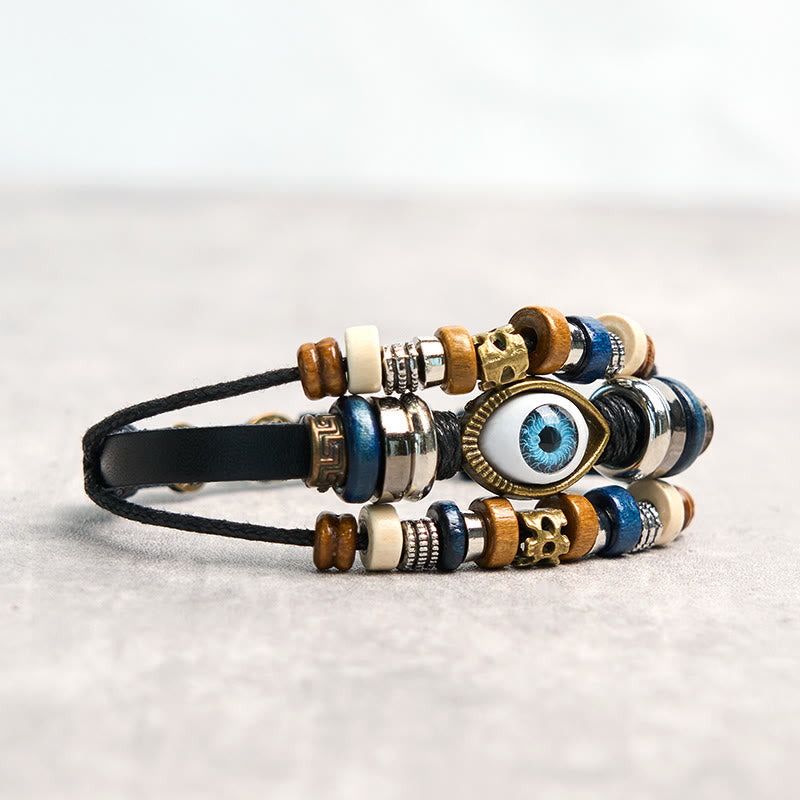 Bracelet de protection réglable en cuir tibétain contre le mauvais œil et les Buddha Stones
