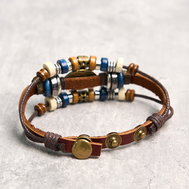 Bracelet de protection réglable en cuir tibétain contre le mauvais œil et les Buddha Stones