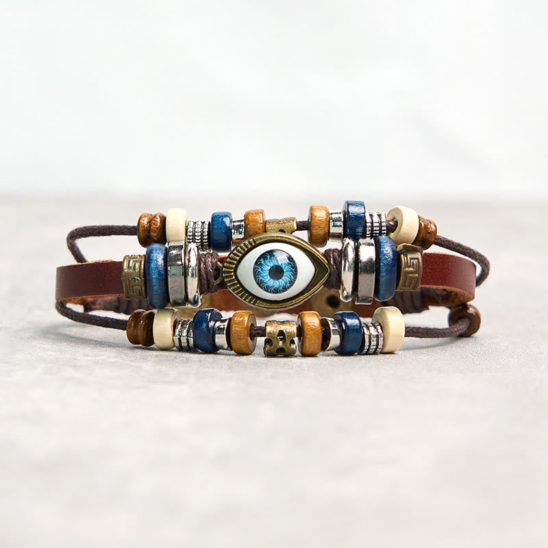 Bracelet de protection réglable en cuir tibétain contre le mauvais œil et les Buddha Stones