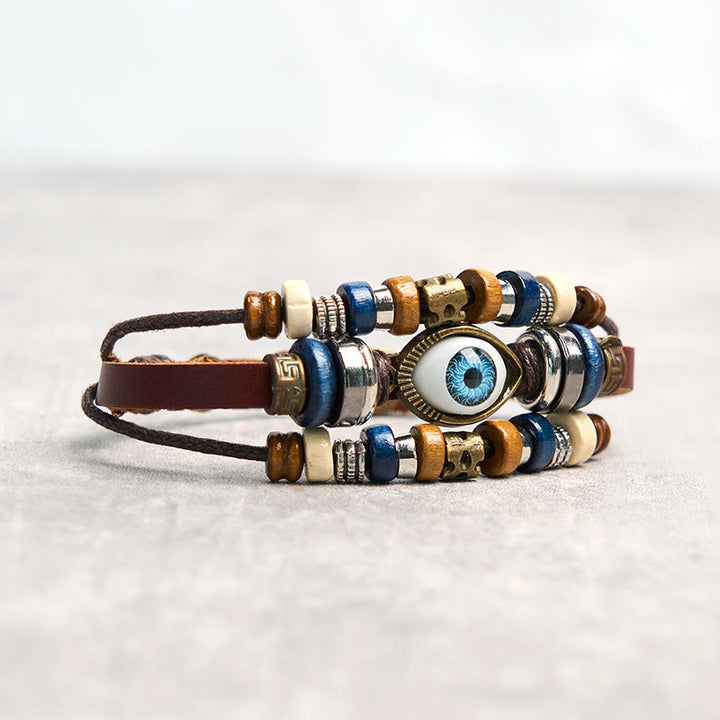 Bracelet de protection réglable en cuir tibétain contre le mauvais œil et les Buddha Stones